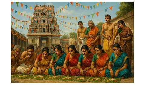 Scene of a traditional Tamil temple with colorful festival decorations.