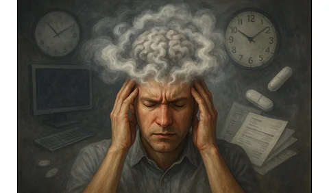A person holding their head with both hands, surrounded by a cloudy, swirling fog around the brain area.