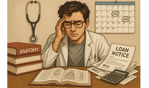 A medical student sitting at a desk with anatomy books on one side and bills, a calculator, a loan notice.