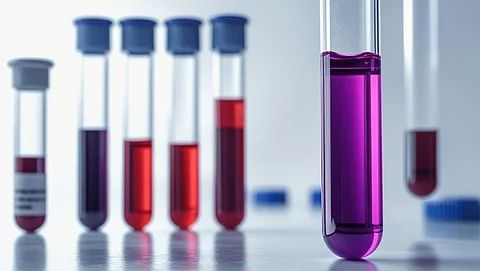A close-up of laboratory test tubes filled with varying shades of red and purple blood, with blue caps.