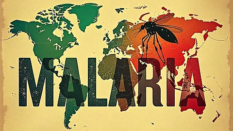 World map with malaria written over it along with the visual of a mosquito.