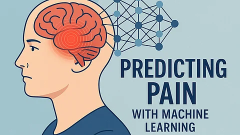 Image shows a man's brain with a red spot and blue neural network representing pain and machine learning.
