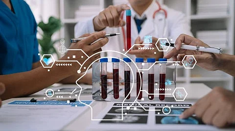 Healthcare professionals collaborate on medical analysis, test tubes and records with digital health icons overlay.