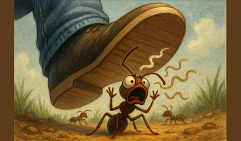A dramatic low-angle view from an ant’s perspective—seeing a giant human foot coming down