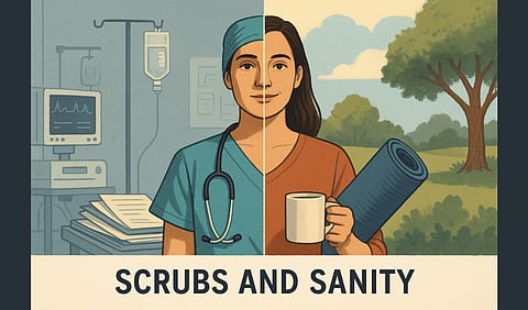 A healthcare worker split down the middle—one half in scrubs and the other half in casual clothes