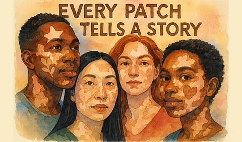 A close-up of diverse faces with vitiligo, patches forming symbolic patterns to show beauty in difference.