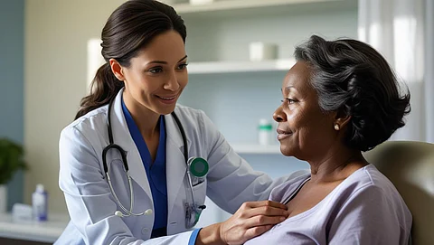 A doctor gently examines a patient's chest in a medical office.