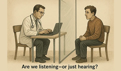 A healthcare provider and patient are sitting across from each other, but separated by glass wall.