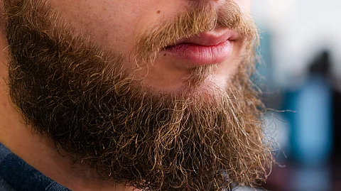 Close-up showing the beard of a man with a blurred background.
