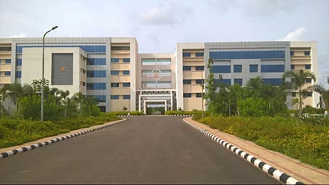A road leads to a hospital building, surrounded by trees and bushes, creating a serene and inviting atmosphere.
