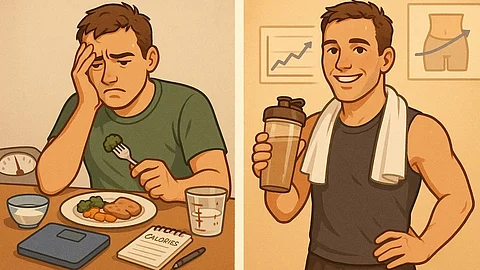 A split image showing a man looking overwhelmed with a healthy meal and later confidently holding a protein shake.