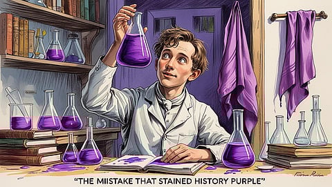 A young William Perkin holding up a glass flask glowing with vivid purple liquid.
