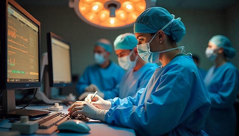 women in scrubs working on her computer