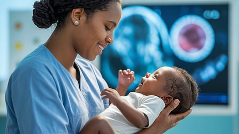 The image shows a compassionate nurse holding a newborn.