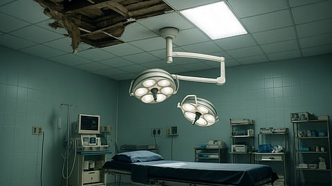 The image shows a damaged ceiling above the operation table.