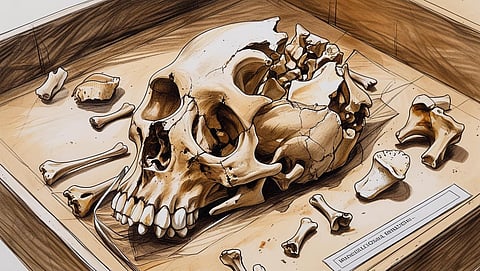 A delicate close-up sketch of partial infant remains including a crown tooth and bone fragments