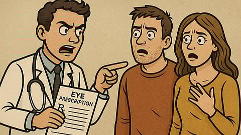 A young doctor, standing with an eye prescription, is pointing towards a couple and saying something angrily.