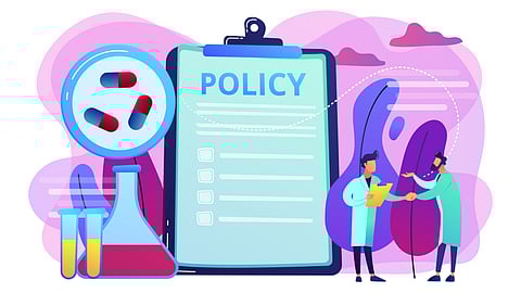 An illustration of health policy which shows doctors, test tubes and beakers.
