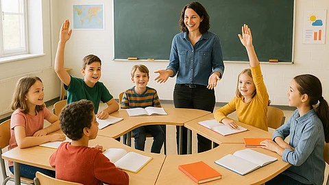 A teacher engages with children sitting in a U-shaped seating arrangement, with a blackboard visible in the background.