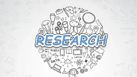 Doodle icons representing research concepts on a white background, illustrating various ideas in a creative style.