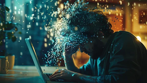 The image shows a Person suffering from technology addiction.