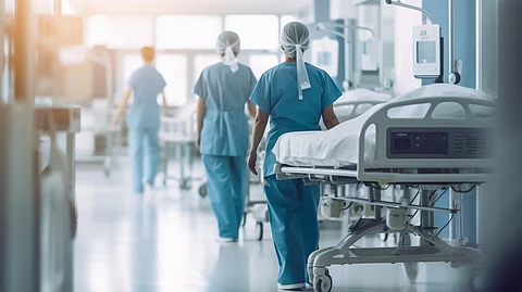 Nurses in scrubs walking together down a hospital corridor, engaged in conversation and providing care.