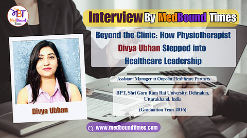 A close-up of a woman in a light pink shirt, standing against a blue curtain backdrop.