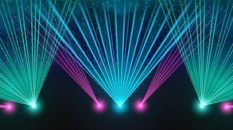 Many colorful laser beams fanning upward from 5 glowing points in dark background.
