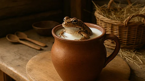 A brown frog inside a clay mug filled with milk, creating an unusual scene.