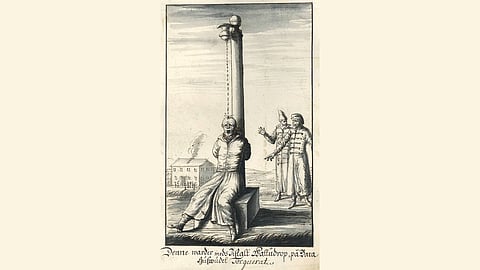 Illustration of Chinese water torture method involving water drops on restrained person’s forehead.