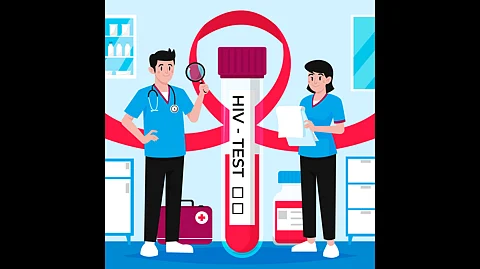 Two doctors are holding a blood test sample for an HIV test, discussing its significance in a clinical setting.