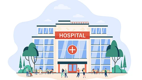 A colorful illustration of a hospital with few people in front.