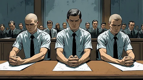 Image is depicting boys in white shirts and black ties seated seriously in a courtroom.