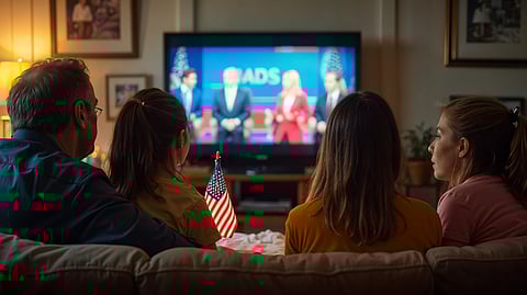 A family gathers in their living room, intently watching a presidential debate on television.