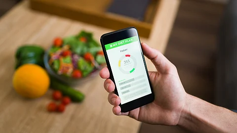 Image showing a digital healthcare web app with vegetables on a table as blurry background.