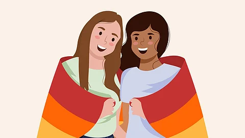 Graphical illustration of lesbian couple wearing lgbtq flag.