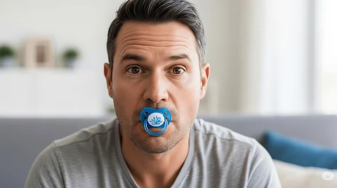 A Gen Z adult uses a silicone adult pacifier as a stress-relief tool - part of a growing mental wellness trend.