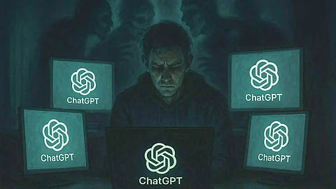 A man sitting alone in a dimly lit room, surrounded by glowing computer screens with the ChatGPT logo, while shadowy hallucination-like figures whisper behind him, symbolizing AI-induced delusions.