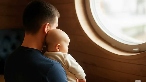 The image shows a man holding a baby.