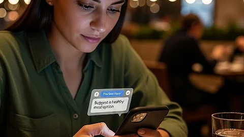 A woman sits at a restaurant table, looking at her smartphone. A chatbot bubble on the screen contains the text: "Suggest a healthy meal option."