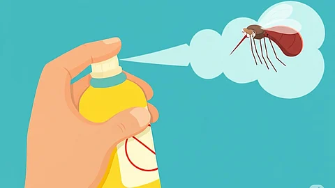 Image illustrating a hand spraying mosquito repellent to protect against dengue.
