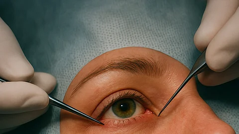 Image shows close-up of an eye surgery with surgical tools and gloved hands.