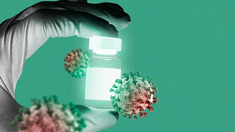 AI generated image of a doctor's hand holding a vile surrounded by graphics of a virus having green background.