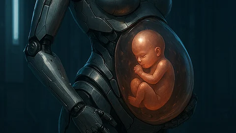 A close-up image of a baby in a womb inside a robot.