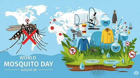 An image for World Mosquito Day showing a large, crossed-out mosquito, a world map, and symbols of prevention and research, with the text "WORLD MOSQUITO DAY" and "AUGUST 20."