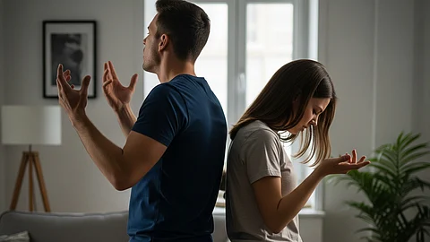 A man and woman stand back-to-back in a living room, appearing to be in an argument.