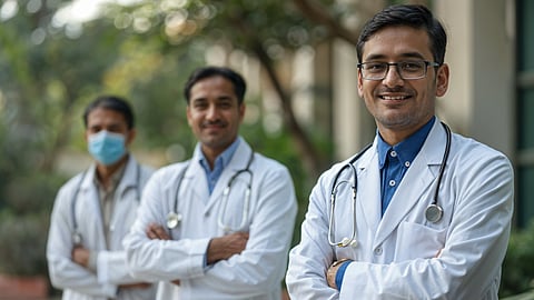 Picture showing 3 male doctors looking calm and smiling for the camera