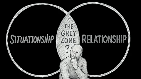Sketch of two overlapping circles (Venn diagram). One circle labeled “Situationship” in a loose, sketchy style, the other “Relationship” in a structured style.