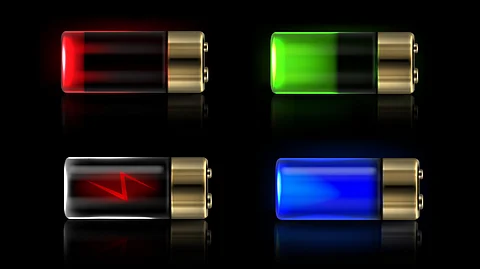 Four glowing battery icons showing different charge levels and colors: red low battery, green full battery, red with lightning symbol, and blue glowing battery.
