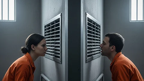 Two inmates in separate prison cells communicate through an air conditioning vent.